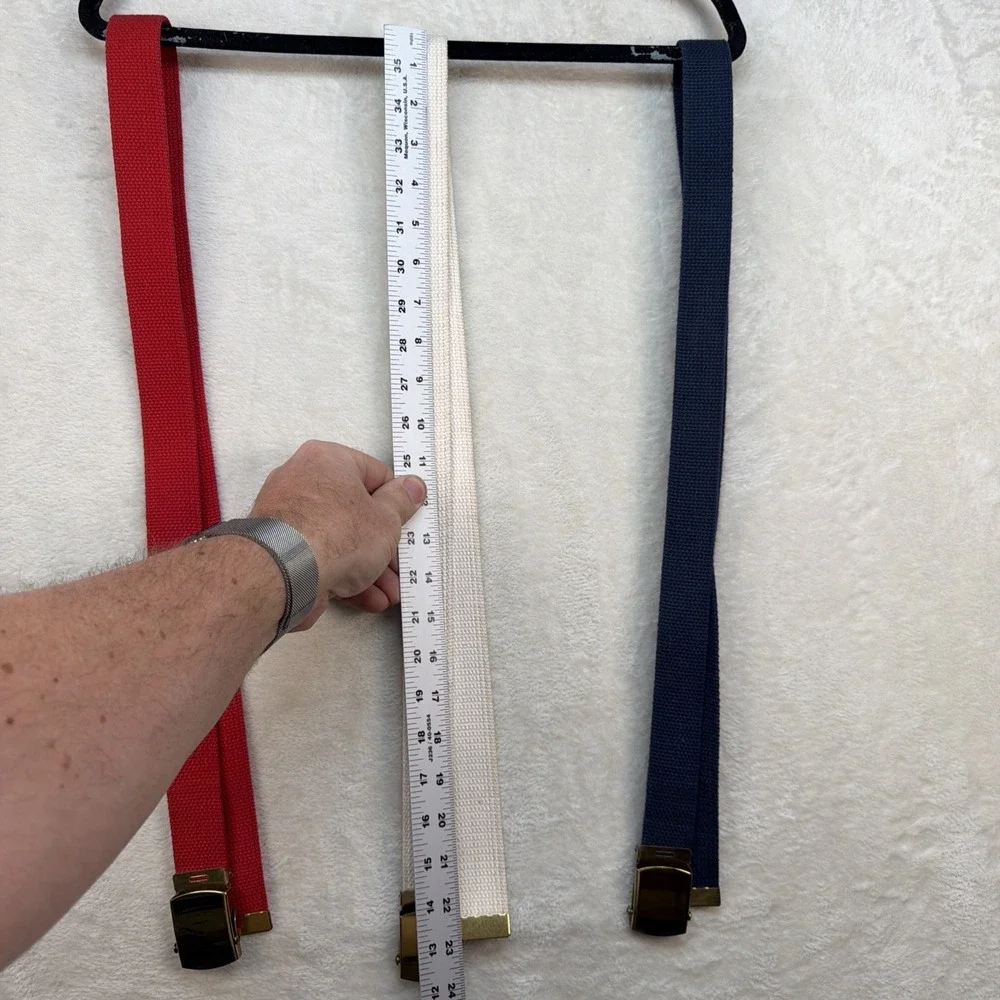 Vintage Military Web Canvas Belts Lot of 3 Brass Buckle Red White Blue